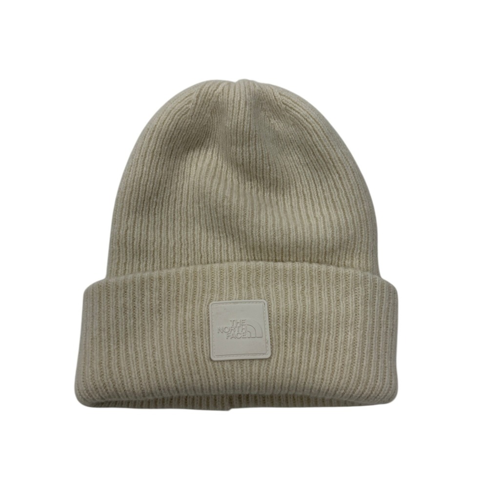The North Face Urban Patch Beanie Cream Wool Blend Ribbed Cuffed Hat One Size
